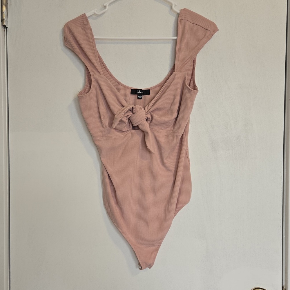 Lulus Ribbed Knit Sleeveless Pink Thong Bodysuit Tie Front Bow Size Large